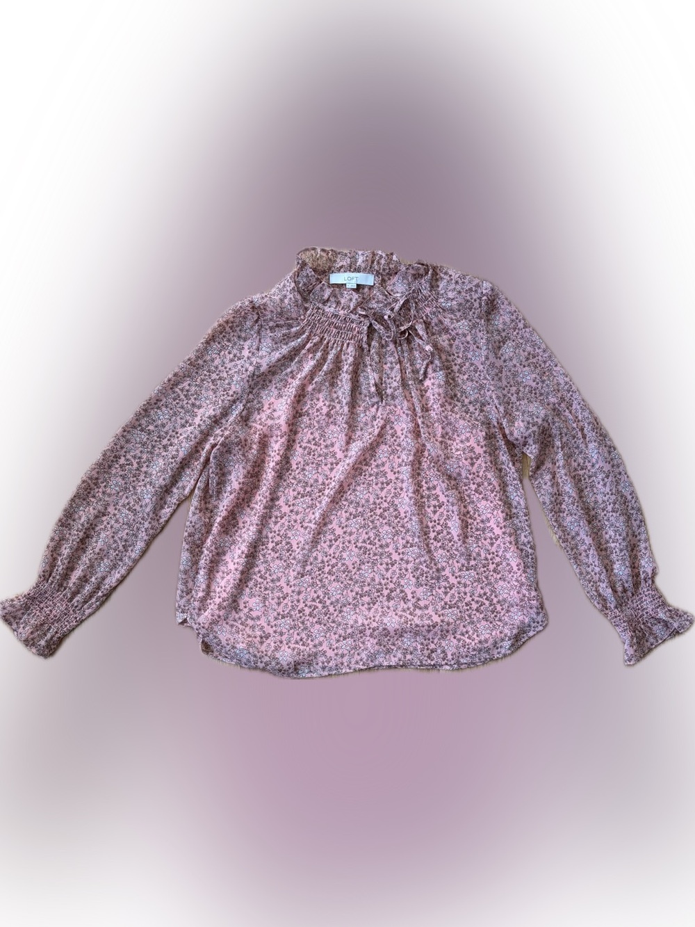 LOFT Pink Micro Floral Smocked Tie-Neck Blouse